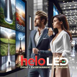 Models looking at indoor led screen from heloled Malaysia